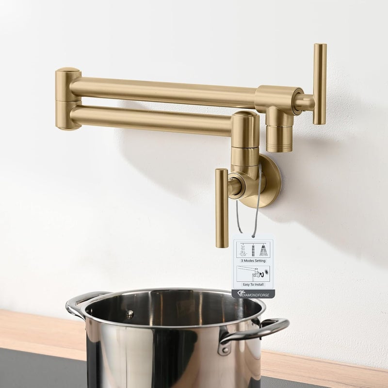 DIAMONDFORGE Pot Filler Faucets - for Kitchen, Sink, Stove and Bar with Brass Wall Mount Double Joint Swing Arms - Leak Free Designs with High-Flow Aerators - Retractable and Folding Save Space - Brushed Gold - Image 1